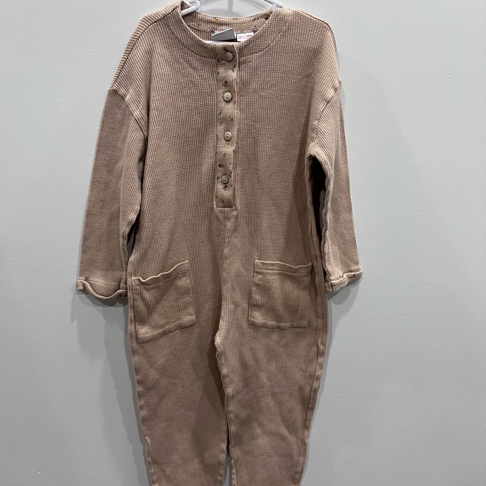 Zara Tan Button-Up waffle knit romper with floral details